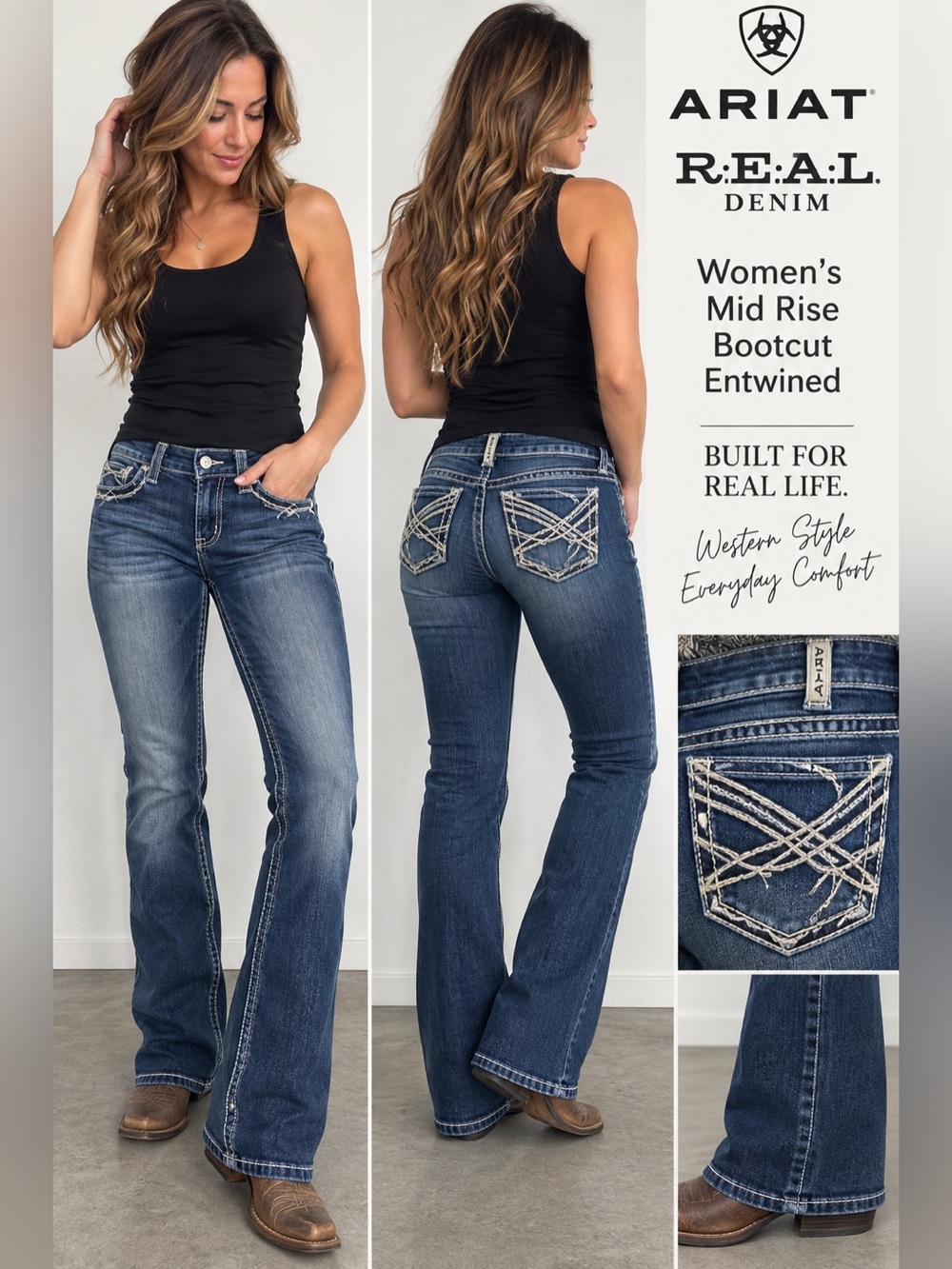Ariat R.E.A.L. Women’s Jeans 27L Mid Rise Bootcut Entwined Dark Wash Western